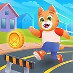 파란 하늘 아래 길을 달리는 빨간 셔츠의 만화 고양이와 동전들