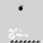 회색 배경에 검은 폭탄이 공중에 떠 있고 아래에 뾰족한 철조망이 있는 장면