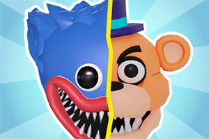 파란 모자와 날카로운 이빨을 가진 파란 괴물과 주황색 모자 곰 캐릭터 얼굴이 절반씩 나뉜 이미지