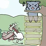 나무 위에 놀란 고양이와 그 아래 사다리, 그리고 망치를 든 손이 있는 만화 스타일의 이미지