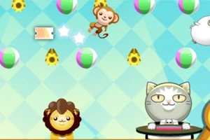 원숭이와 고양이, 사자 캐릭터가 무대에서 다양한 알록달록한 공과 함께 등장한 장면