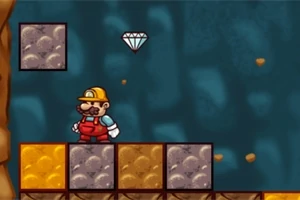 광부 복장을 한 수염 난 인물이 블록 위에 서 있고 다이아몬드가 공중에 떠 있다