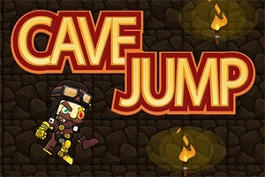 돌 배경 앞에 CAVE JUMP라는 큰 글씨와 함께 비행 모자를 쓴 만화 스타일의 캐릭터가 있습니다