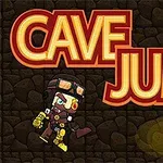돌 배경 앞에 CAVE JUMP라는 큰 글씨와 함께 비행 모자를 쓴 만화 스타일의 캐릭터가 있습니다