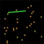 검은 배경 위에 녹색 마름모 모양의 뱀과 여러 개의 작은 빨간 점들이 흩어져 있습니다
