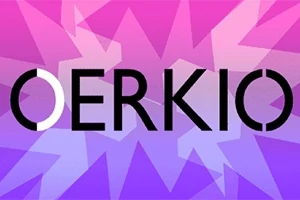 분홍색과 보라색의 기하학적 배경 위에 OERKIO라는 글자가 중앙에 배치되어 있다