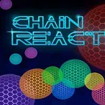 다양한 색상의 육각형 패턴으로 이루어진 구와 CHAIN REACTION이라는 네온 글자가 있는 이미지