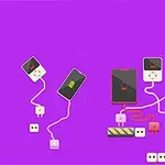 스마트폰들이 보라색 배경 위에서 전선과 콘센트를 통해 충전되고 있는 모습