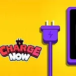 보라색 충전기와 배터리가 부족한 스마트폰이 노란색 배경 위에 있는 이미지