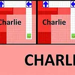 세 개의 빨간색 격자 배경에 Charlie라는 글자가 반복적으로 표시되어 있으며, 위에는 방향을 나타내는 파란색 화살표가 있다