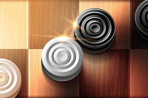 밝은 나무색과 어두운 나무색 격자무늬 판 위에 빛나는 흰색과 검은색 말이 놓여 있다