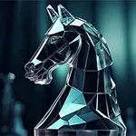 투명하고 반짝이는 유리 조각 형태의 말 머리 조각상이 흐릿한 체스말 배경 앞에 있다