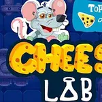 귀여운 쥐 캐릭터와 치즈 모양 글자가 있는 만화 스타일의 배경