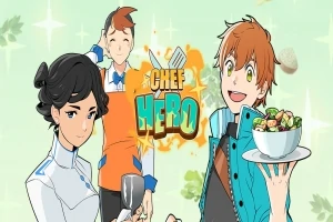 세 명의 애니메이션 스타일 캐릭터가 요리 도구를 들고 활기찬 표정을 지으며 중앙에 있는 Chef Hero 로고를 배경으로 포즈를 취하고 있다