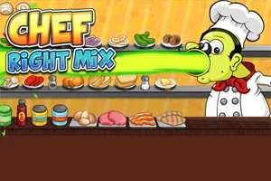 요리사 복장을 한 캐릭터가 긴 녹색 코를 가진 모습과 다양한 식재료가 진열된 주방 이미지