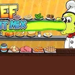 요리사 복장을 한 캐릭터가 긴 녹색 코를 가진 모습과 다양한 식재료가 진열된 주방 이미지