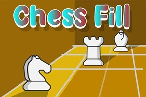 체스 말들이 있는 노란색 격자 무늬 바닥과 벽면에 Chess Fill이라는 글자가 있는 장면