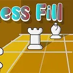 체스 말들이 있는 노란색 격자 무늬 바닥과 벽면에 Chess Fill이라는 글자가 있는 장면