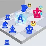 파란색과 빨간색 체스 기물들이 있는 3D 체스판과 여러 가지 이모티콘