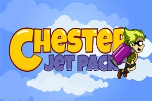노란색과 보라색 글자로 Chester Jet Pack가 쓰여진 하늘 배경과 제트팩을 착용한 녹색 머리 소년