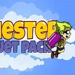 노란색과 보라색 글자로 Chester Jet Pack가 쓰여진 하늘 배경과 제트팩을 착용한 녹색 머리 소년