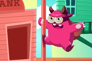 핑크색 뿔 달린 괴물이 건물 앞 기둥을 오르는 장면