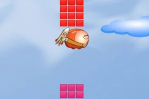 하늘을 배경으로 로켓을 등에 맨 둥근 캐릭터가 빨간 블록 사이를 통과하는 모습