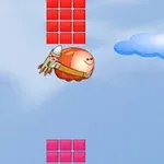 하늘을 배경으로 로켓을 등에 맨 둥근 캐릭터가 빨간 블록 사이를 통과하는 모습