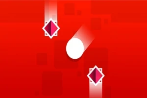 빨간 배경에 흰색 공이 두 개의 마름모 모양 장애물 사이를 지나고 있다