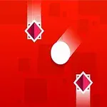 빨간 배경에 흰색 공이 두 개의 마름모 모양 장애물 사이를 지나고 있다