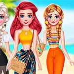 세 명의 캐릭터가 해변을 배경으로 여름 옷을 입고 포즈를 취하고 있습니다