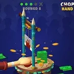 의자 위에 기요틴이 있고 그 아래에 손과 돈이 놓여 있는 장면