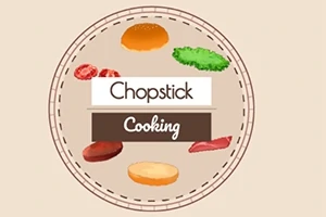 햄버거 재료와 Chopstick Cooking 텍스트가 원형 디자인 안에 배치되어 있는 이미지