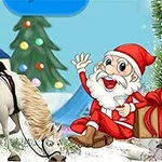 산타클로스가 빨간 옷을 입고 선물을 들고 있으며, 흰색 말과 크리스마스 트리 앞에서 환하게 웃고 있는 모습