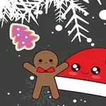 눈송이가 내리는 배경에 생강빵 사람과 산타 모자 캐릭터가 있는 이미지