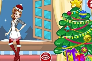 여성 캐릭터가 크리스마스 트리 옆에서 산타 모자와 겨울옷을 입고 있는 장면