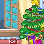 여성 캐릭터가 크리스마스 트리 옆에서 산타 모자와 겨울옷을 입고 있는 장면