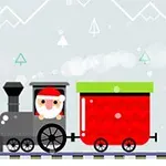 산타가 탄 증기기관차가 산과 나무가 그려진 배경 앞 철길을 달리고 있다