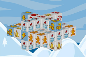 배경에 눈 덮인 풍경이 있는 큐브 더미 위에 산타 모자, 번개, 진저브레드 남자, 종, 2x 기호가 그려진 큐브