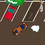 도로 주차장에서 여러 대의 차들이 주차된 모습과 주행 중인 차 한 대가 있는 장면