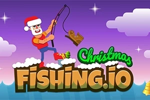 산타 모자를 쓴 캐릭터가 낚싯대를 들고 있는 모습과 Christmas Fishing