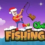 산타 모자를 쓴 캐릭터가 낚싯대를 들고 있는 모습과 Christmas Fishing