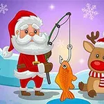 산타클로스가 낚싯대로 물고기를 잡고 있고, 옆에는 사슴이 서 있는 귀여운 만화 이미지
