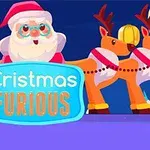 산타 클로스와 두 마리의 순록이 크리스마스 테마 배경 앞에 있는 모습