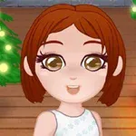 갈색 머리와 큰 눈을 가진 만화 스타일의 여자아이 캐릭터가 크리스마스 트리와 벽난로 앞에 서 있다