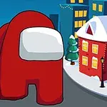 빨간색 캐릭터가 겨울 분위기의 도시 거리에서 눈 덮인 건물들과 함께 서 있는 모습