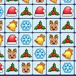 루돌프 얼굴, 산타 모자, 눈송이, 황금 종, 잎사귀 이미지가 반복되는 격자 패턴