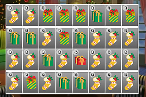 크리스마스 양말과 선물 상자가 배열된 격자입니다