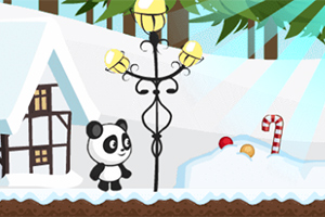 겨울 배경 속 눈 덮인 집과 가로등 옆에 서 있는 만화 판다