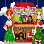 크리스마스 테마의 인형 집 앞에 서 있는 두 명의 소녀와 별 장식이 있는 배경